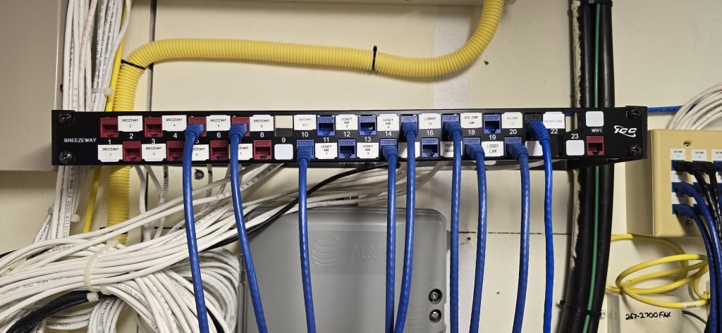 lots of blue and yellow and white wiring going from panels to switches