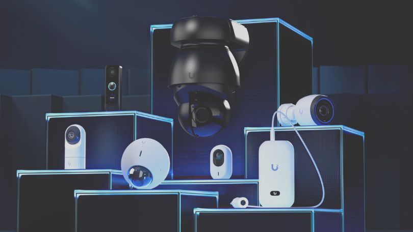Image of several types of security cameras and door access control systems made by UniFi